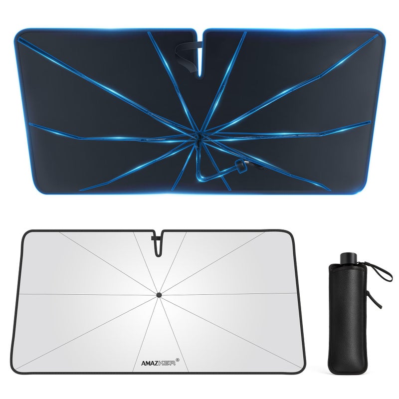 AMAZKER [2025 Upgrade] Car Windshield Sun Shade Umbrella - [10 Fiberglass Ribs][360 Bendable][100% Sun Block] [240T Thickened Titanium Silver ] Ice-Shield Protect Car from Sun Rays Heat Damage 57"" x 31"" - Image 1